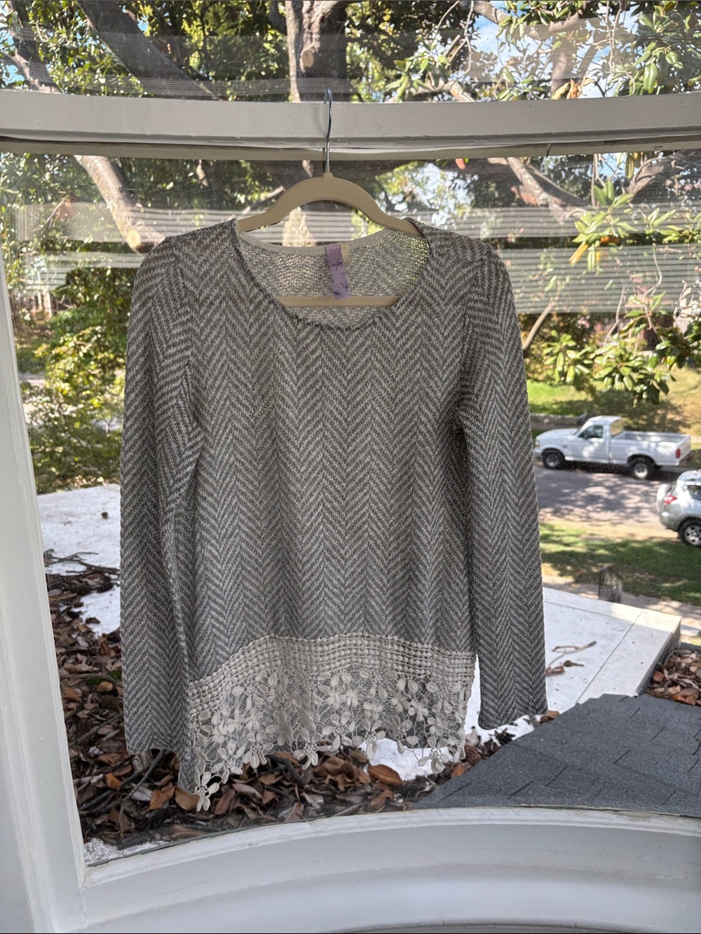 Alya Gray Chevron Long Sleeve Top with Cream Lace Hem